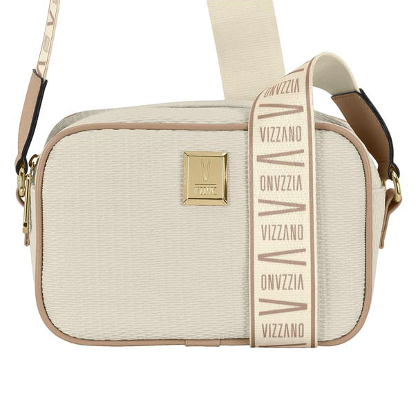 Bolsa feminina Vizzano branca off/bege com acabamento em napa soft, alça média larga ajustável e emblema dourado